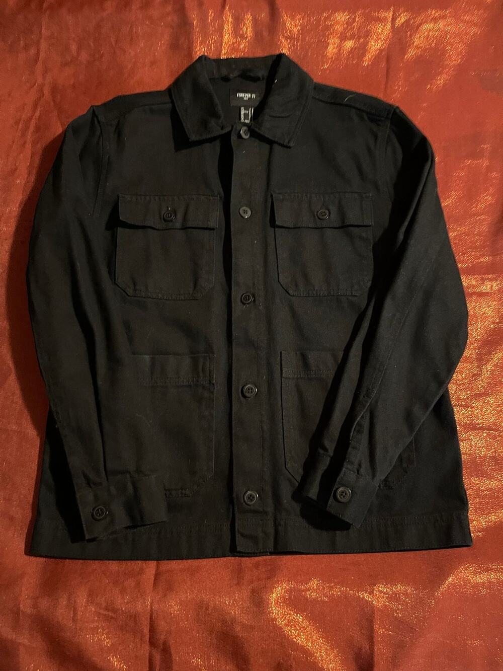 Forever 21 Jacket Mens S Black Button Front Utility Workwear Pocket Coat Casual